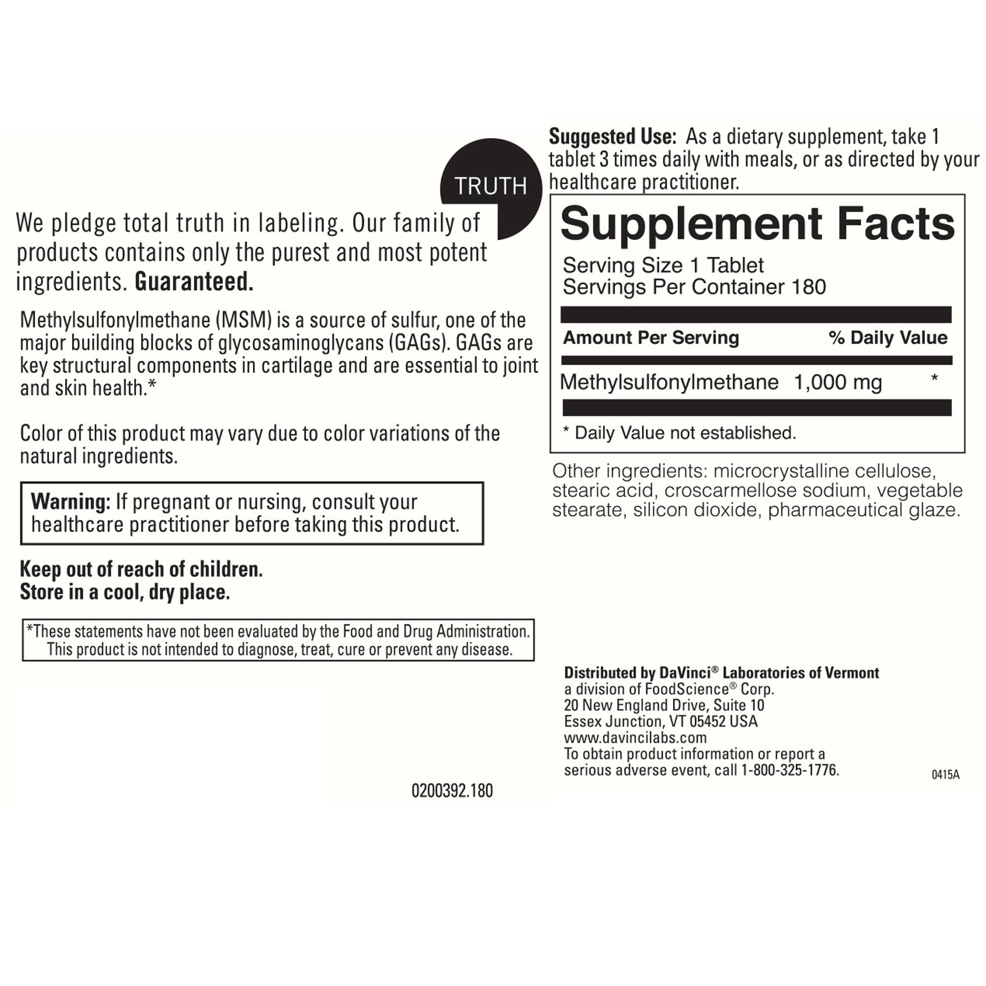 Methylsulfonylmethane (MSM) 1000mg - Image 2